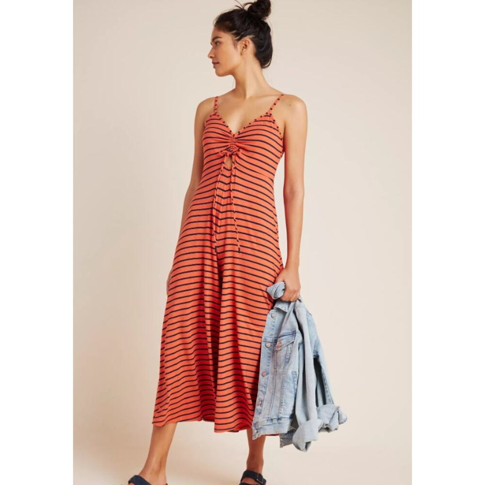 by Anthropologie Orange Navy Stripe Lissa Wide-Leg V Neck Jumpsuit Womens Small